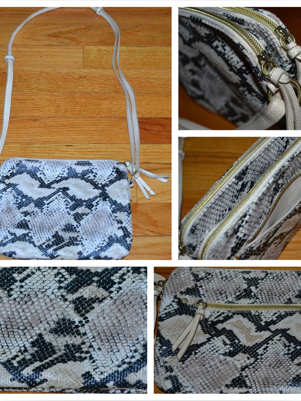Women’s snakeskin style purse, four pocket shoulder bag